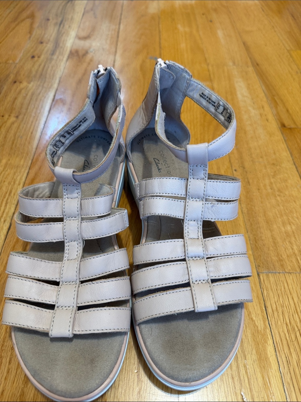 Clarks Women’s Light Pink/Beige Strappy T-Bar Sandals